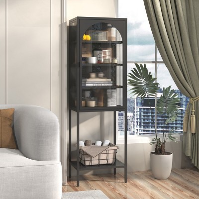 5-Tier Metal Display Cabinet,Cube Storage Bookshelf with Glass Door,Adjustable Shelves Versatile Cabinet for Living Room Kitchen-Baofuwish