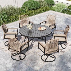 Captiva Designs 7pc Slat-top Round Steel Dining Table and Swivel Wicker Chairs with Thick Cushions - 1 of 4