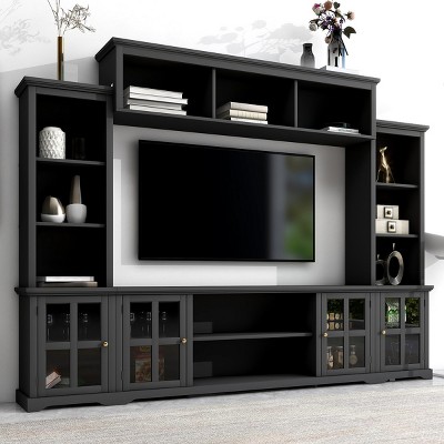 Media Console Table For 70" TV,Entertainment Media Wall Unit With Bridge,Media Dresser With Tempered Glass Door For Living Room-Cuddlewood