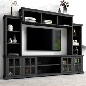Media Console Table For 70" TV,Entertainment Media Wall Unit With Bridge,Media Dresser With Tempered Glass Door For Living Room-Cuddlewood - 1 of 4