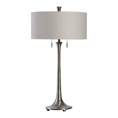 Uttermost Aliso Cast Iron Table Lamp – Solid Porous Texture with Gold Highlights, Gray Linen Shade, 31.25" Height