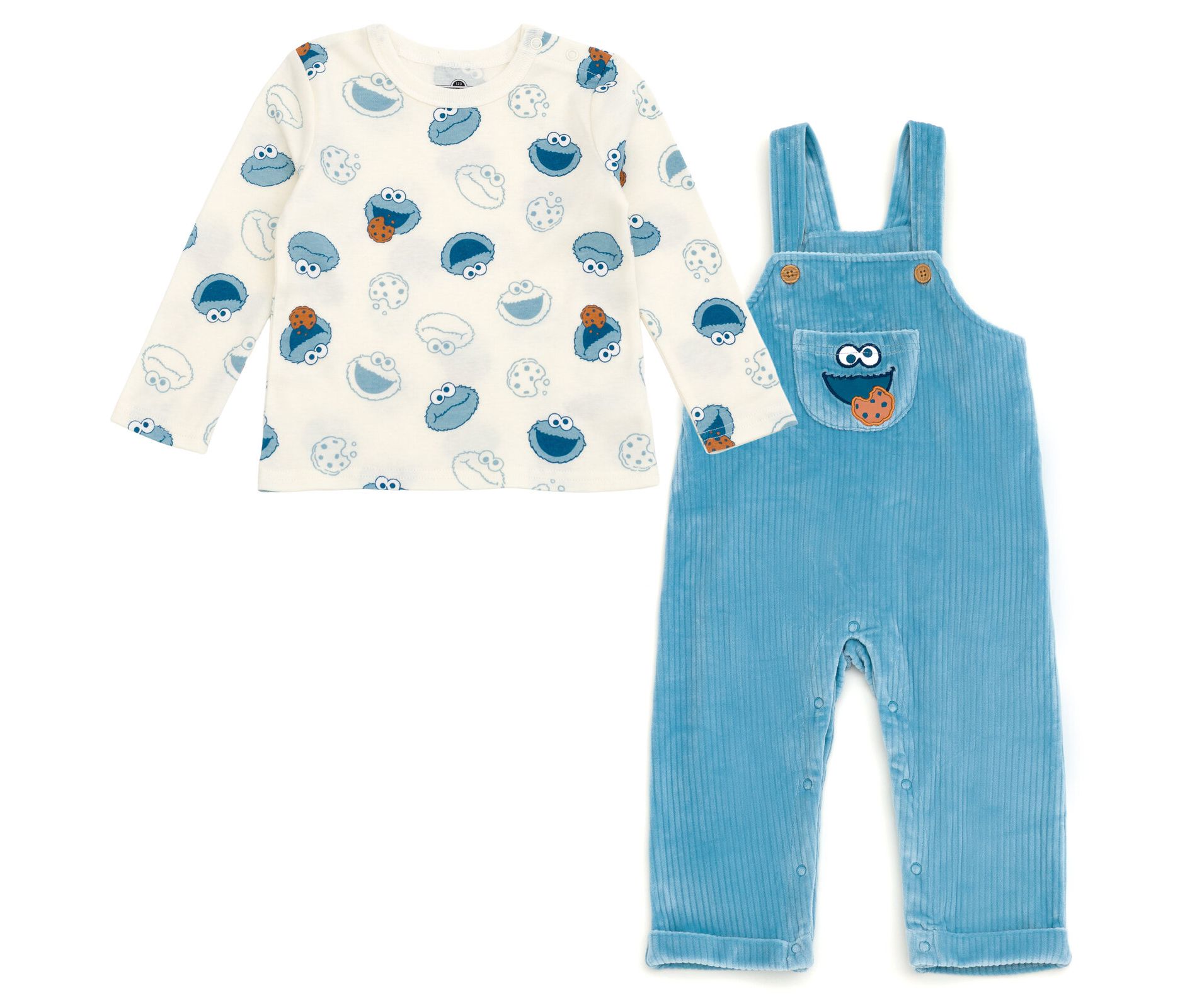 Sesame Street Cookie Monster Infant Baby Boys Corduroy Ribbed Overall and T-Shirt Outfit Set Blue / White 18 Months