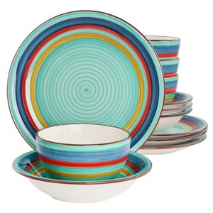 Gibson Home Rainbow 12 Piece Stoneware Dinnerware Set in Green Multi - 1 of 4