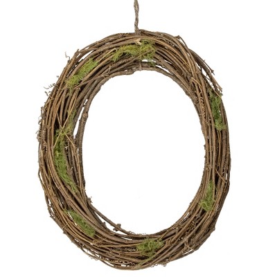 Northlight 15.5" Unlit Brown/Green Grapevine with Twigs and Moss Egg-Shaped Artificial Spring Wreath