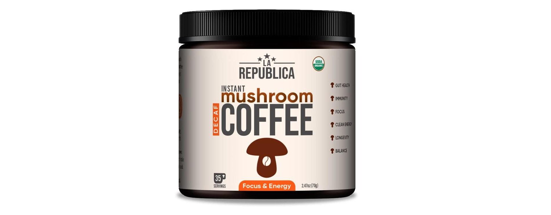 La Republica Bestselling Instant Decaf Mushroom Coffee with 7 Superfood Mushrooms, Certified Organic & Fair Trade Arabica Coffee - 35 Servings