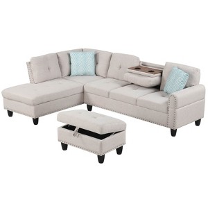 Costway 98” L-Shaped Sofa with Movable Storage Ottoman Linen Fabric Backs Seats Cup Holders Beige/Dark Gray - 1 of 1
