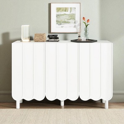 Minimalist Sideboard Cabinet with Wave Doors and 5 Pine Legs, Adjustable Shelves, White Buffet Storage for Living Room, Entryway, Kitchen