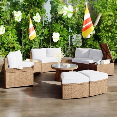 10-Piece Outdoor Patio Rattan Sofa Set with Cushions, Side Tables, Ottomans & Round Table – Light Gray PE Wicker Sectional Set