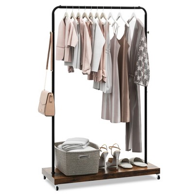 Costway Industrial Pipe Rolling Garment Rack Heavy Duty Clothing Rack with Hooks & Shelf