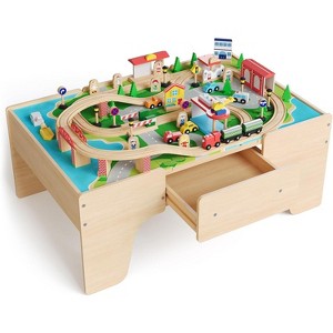 Train Table, Multipurpose Wooden Toy Activity Playset for Children w/Tracks and Drawer, Reversible Top - Natural - 1 of 4