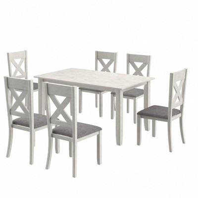 VECELO Farmhouse Style 7-Piece Dining Table Set for 6, Rubber Wood Table with 6 Upholstered Dining Chairs, Gray