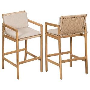 Set of 2 Outdoor Bar Stools, Teak Wood Outdoor Bar Stools with Wicker Back and Cushion, Patio Bar Stools for Backyard or Deck-Koiai - 1 of 4