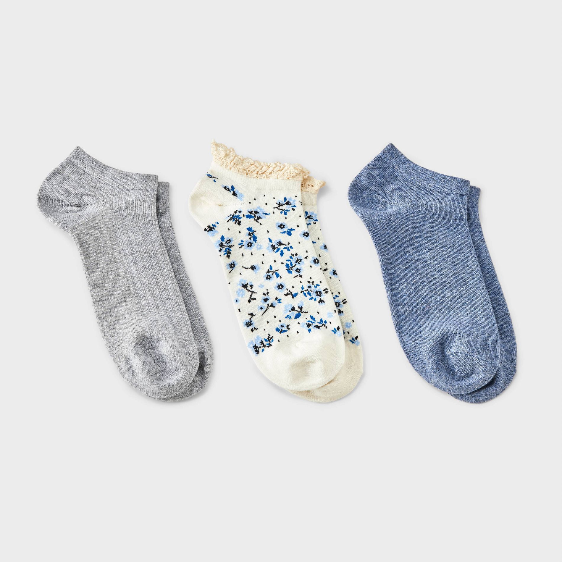 Women's 3pk Lace Trim Low Cut Socks - Auden™ - Blue