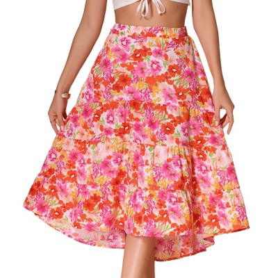 INSPIRE CHIC Women's Floral Elastic Front Irregular Hem Midi Skirt