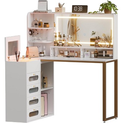 PAKASEPT Makeup Vanity Desk With Mirror and Lights, Dressing Table with 5 Drawers, Storage Shelves, 3 Color Modes Touch Light
