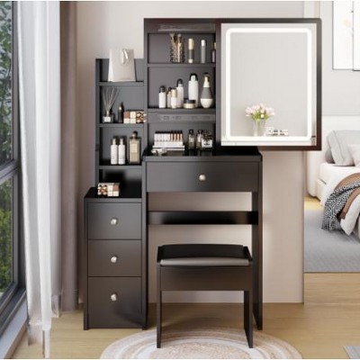 Vanity Desk Set, Cabinet Vanity Table, Cushioned Stool, Extra Large Touch Control Sliding LED Mirror, Tri-color Switching, Brightness Adjustable
