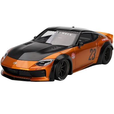 Nissan Z RHD #23 "LB-NATION WORKS" Orange Metallic with Matt Black Hood and Black Top 1/18 Model Car by Top Speed