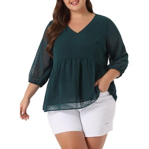 Agnes Orinda Women's Plus Size Chiffon Babydoll Long Sleeve V Neck Swiss Dots Blouses - 1 of 4