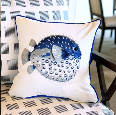Blue and White Embroidered Pufferfish Square Pillow
