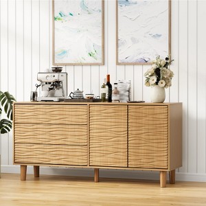 61" Mid Century Sideboard Buffet Cabinet with Undulating Groove Design, Large Storage Cabinet with 3 Drawers, 2 Push-to-Open Doors, for Living Room - 1 of 4