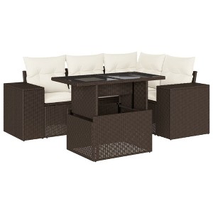 vidaXL 5 Piece Patio Sofa Set with Cushions Poly Rattan - Brown and Cream without Storage - 1 of 4