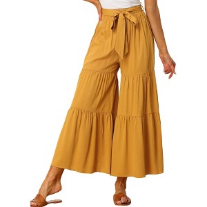 INSPIRE CHIC Women's Boho Elastic High Waist Tie Belt Ruffle Hem Wide Leg Palazzo Pants - 1 of 4