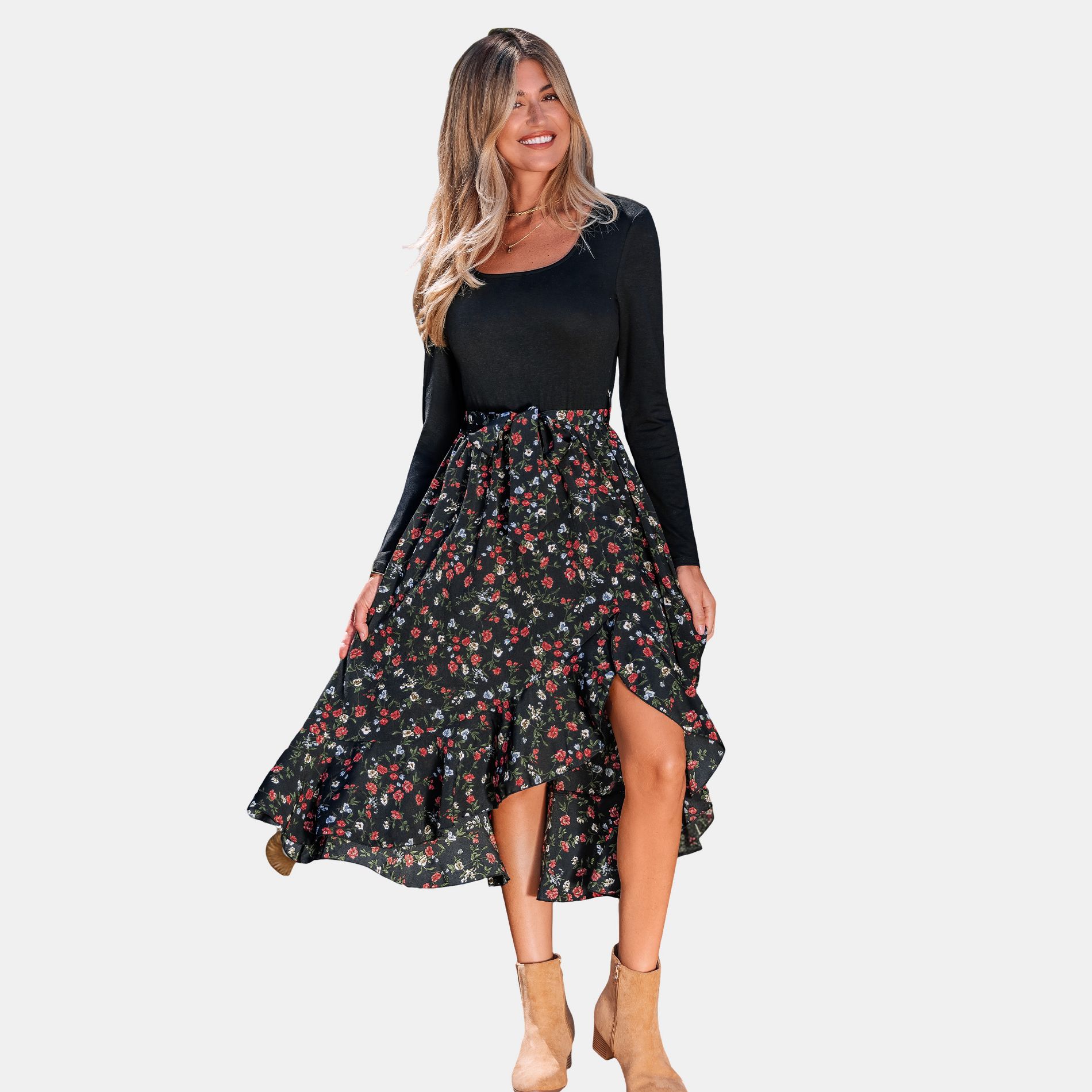 Women's Waist Tie Side Slit Floral Midi Dress - Cupshe-XL-Black Floral
