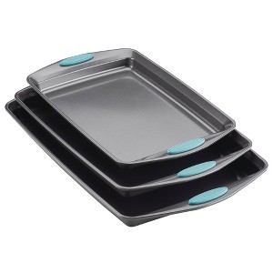 Rachael Ray 3pc Nonstick Bakeware Cookie Pan Set Gray with Agave Blue Silicone Grips - 1 of 4