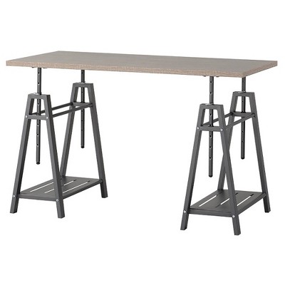 47" Wooden Adjustable Desk with Sawhorse Legs Brown/Gray - Benzara