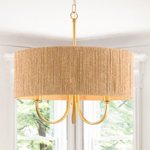 Maxax 22.04" 3-Light Wood-Tone Iron Chandelier,Farmhouse Rattan Shade Pendant Light for Living Room Dining Nook Bedroom - 1 of 4