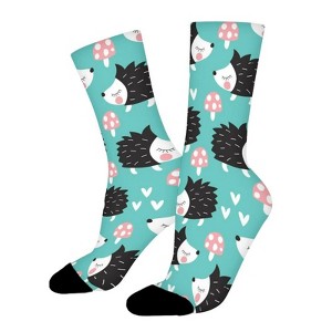Cute Hedgehogs With Mushrooms Women Printed Crew Socks Funny Funky Socks Soft Polyester Novelty Gifts for Artists Men - 1 of 1