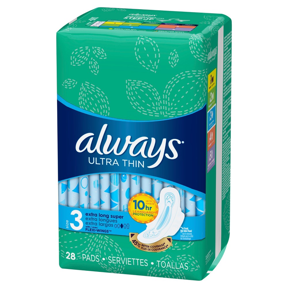 Always Ultra Thin Extra Long Super Pads with Wings, Unscented, Size 3, 28 Ct