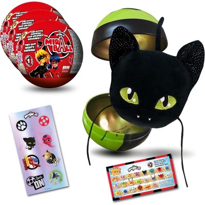 Miraculous Ladybug, 4-1 Surprise Miraball, Toys for Kids with Collectible Character Metal Ball, Kwami Plush, Glittery Stickers and White Ribbon