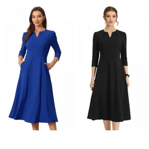 Allegra K Women's Elegant Split Neck Side Zipper Pockets 3/4 Sleeve Work A-Line Dress 2 Packs - 1 of 4