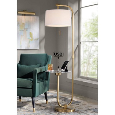 Antique Brass Arc Floor Lamp with White Linen Shade and Glass Tray
