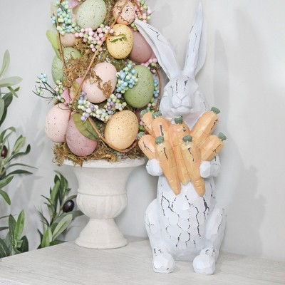 Large Distressed White Resin Rabbit Statue with Carrots