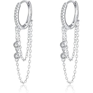 925 Sterling Silver Chain Drop Earrings Hoop for Women Teens CZ Hoop Chain Earrings Dangle - 1 of 4