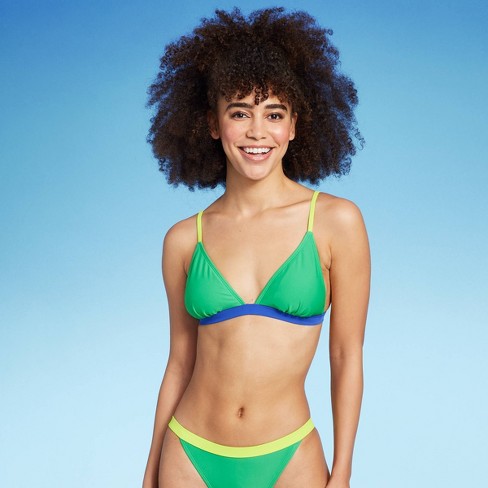 Women's Ribbed Triangle Bikini Top - Wild Fable™ Blue/green/pink Striped M  : Target