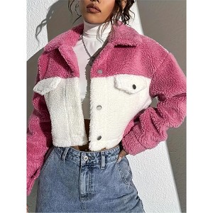 Women's Colorblock Fleece Drop Shoulder Short Jacket Winter Coat - 1 of 4