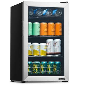 Newair 100 Can Beverage Fridge with Glass Door, Small Freestanding Mini Fridge in Stainless Steel, Compact Drinks Cooler, Single Zone Bar Refrigerator