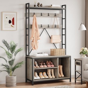 Acekool Industrial Hall Tree with Bench, Coat Rack, Shoe Storage, and Cubbies, Entryway Organizer with Hooks & Rustic Wood Accents - 1 of 4