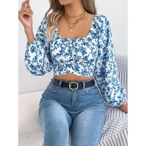 Women's Floral Lantern Long Sleeve Crop Shirt Fall Casual Square Neck Tie Waist Pleated Short Top - 1 of 4