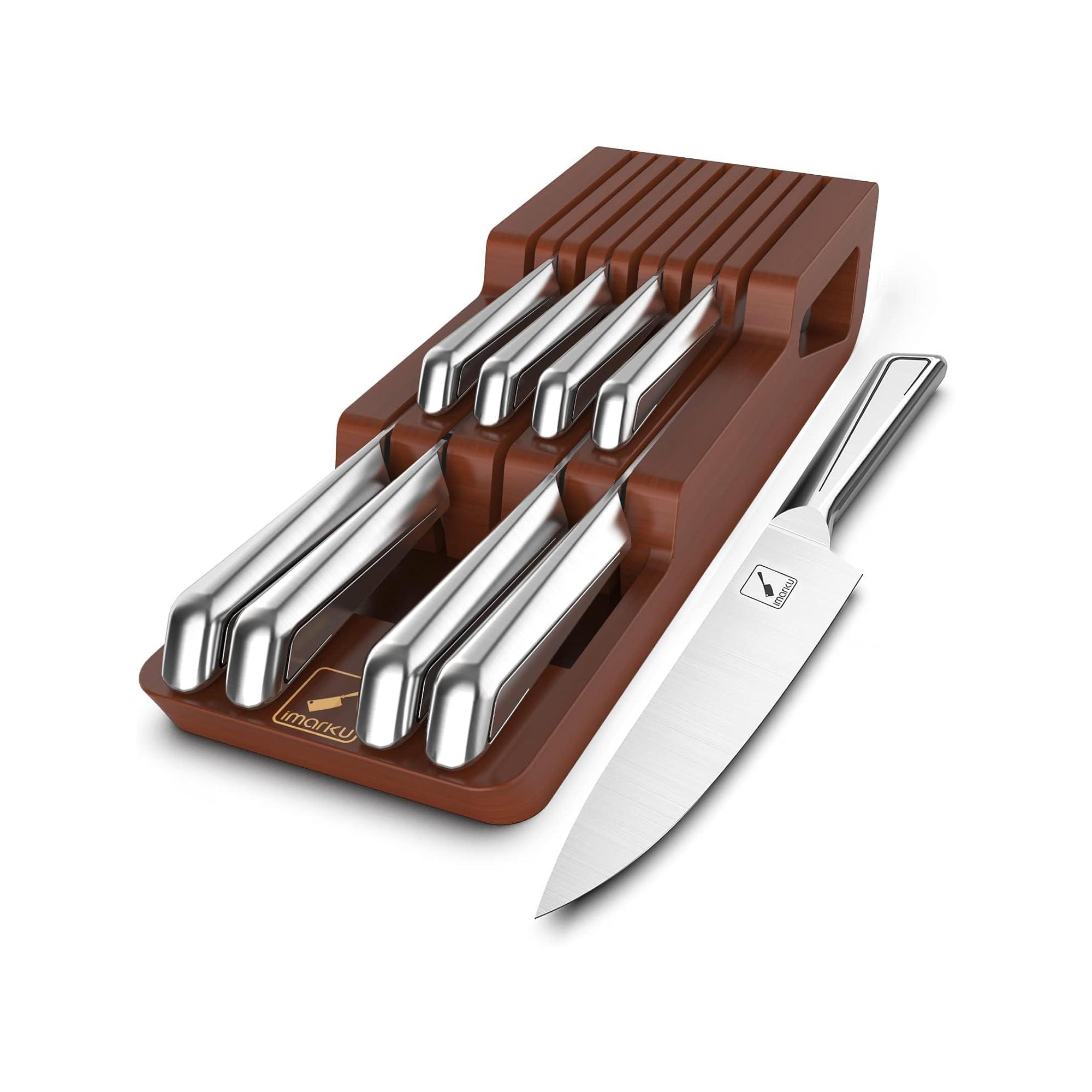 imarku 10 PCS High Carbon Japanese Stainless Steel Knife Block Set, Kitchen Knife Set with Wooden Drawer Organizer, Best Gifts, Kitchen Essentials