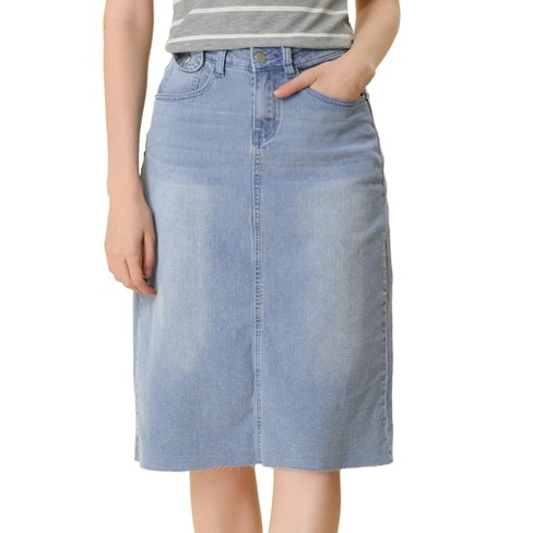 Women Ladies Side Slit Denim Midi Denim Skirt High Waist A-line Casual  Bottoms