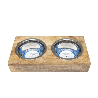 Medium Natural Mango Wood Elevated Pet Feeder with Stainless Steel Bowls