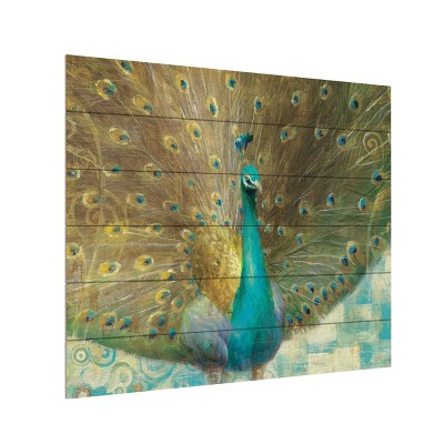 Trademark Fine Art - Danhui Nai 'Teal Peacock on Gold' Wood Slat Art