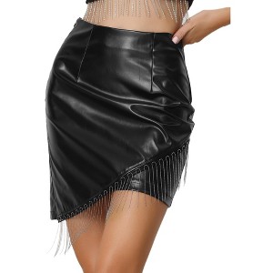 Allegra K Women's Bead Chain Tassel High Waist Asymmetrical Hem Bodycon Leather Skirt - 1 of 4
