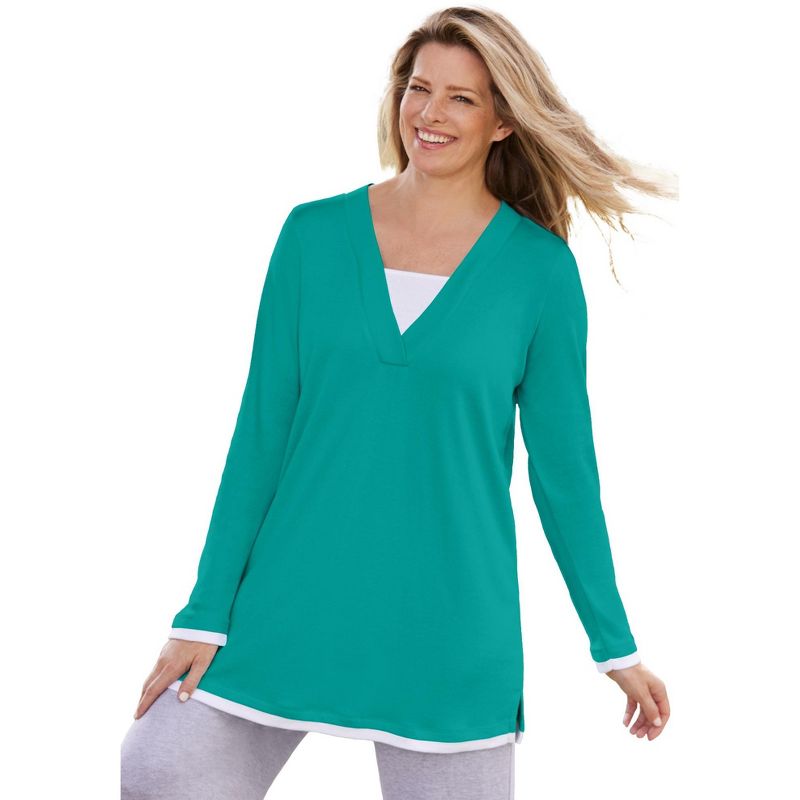Woman Within Women's Plus Size Long-Sleeve Layered-Look V-Neckline Tunic, 1 of 2