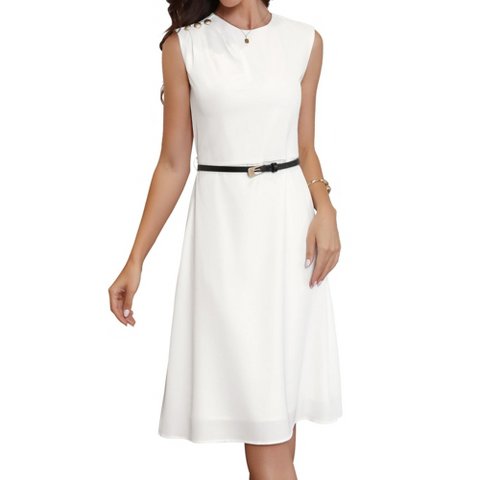 Женские платья INSPIRE CHIC Women's Work Crew Neck Sleeveless Button Decor Belted A Line Midi Dresses Large Cream White