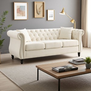 3+2 Velvet Chesterfield Sofa with Nailhead Trim & Pillows - 1 of 4